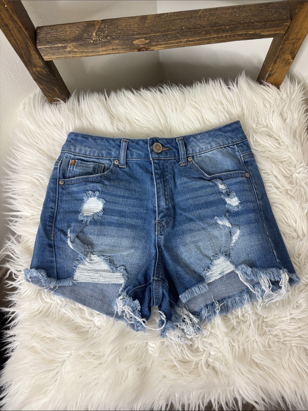 Enjean High-Rise Distressed Blue Denim Jean Shorts Size S